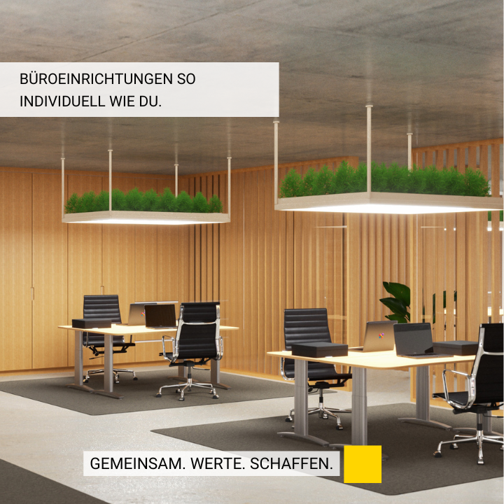 Eine moderne Büroeinrichtung mit Holz, zwei Schreibtische mit Stühlen