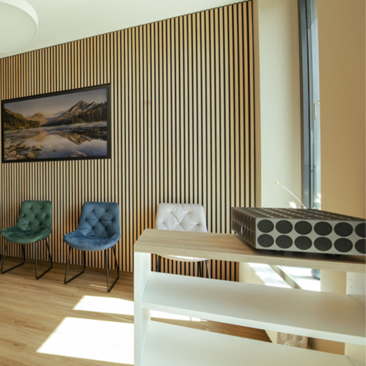 Praxiseinrichtung mit Holzverkleidung und verschiedenfarbigen Stühlen